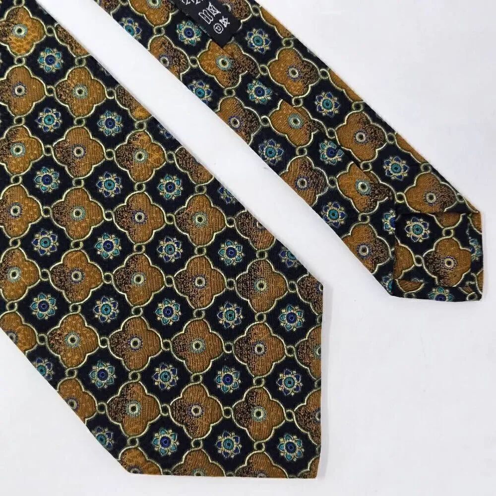 BRIONI SILK TIE BLACK MUSTARD GREEN LUXURY CHECKER SATIN 3.75" X 60"